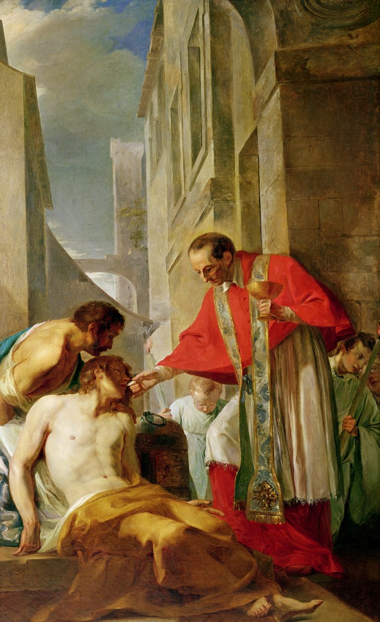 Borromeo Szent Károly (1538-84) Szentséget szolgáltat egy pestis áldozatának Milánóban 1576-ban alkotó: French School