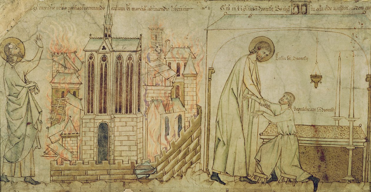 Szent Eligius megmenti a Szent Martial-templomot a tűztől, és meggyógyít egy rokkant embert a St. Denis templomban, a "La Vie de Saint Eloi"-ból, 1250 körül alkotó: French School
