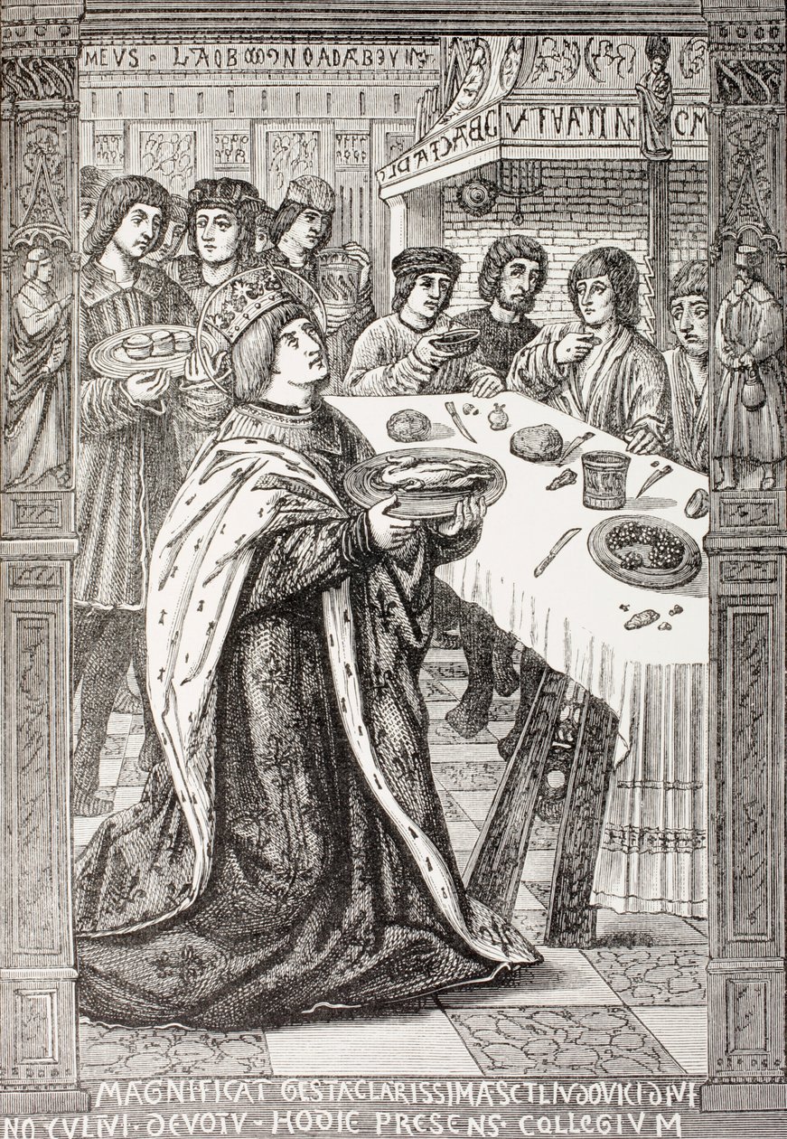 St. Louis, a szegényeket felszolgáló Paul Lacroix „Katonai és vallási élet a középkorban” című művéből, London, 1880 körül. alkotó: French School