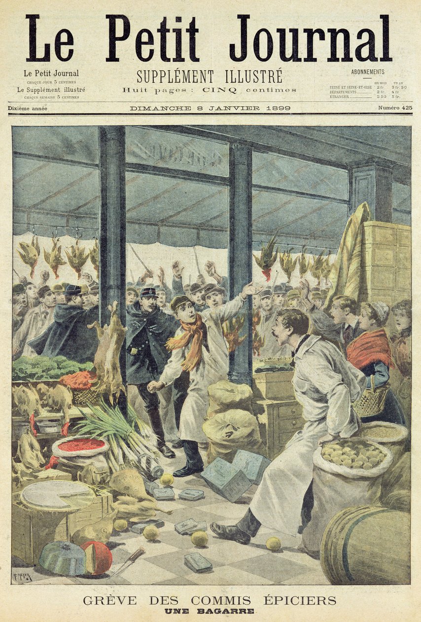 Élelmiszerboltok sztrájkja, verekedés, címlap a "Le Petit Journal"-ból, 1899. január 8. (színes metszet) alkotó: French School