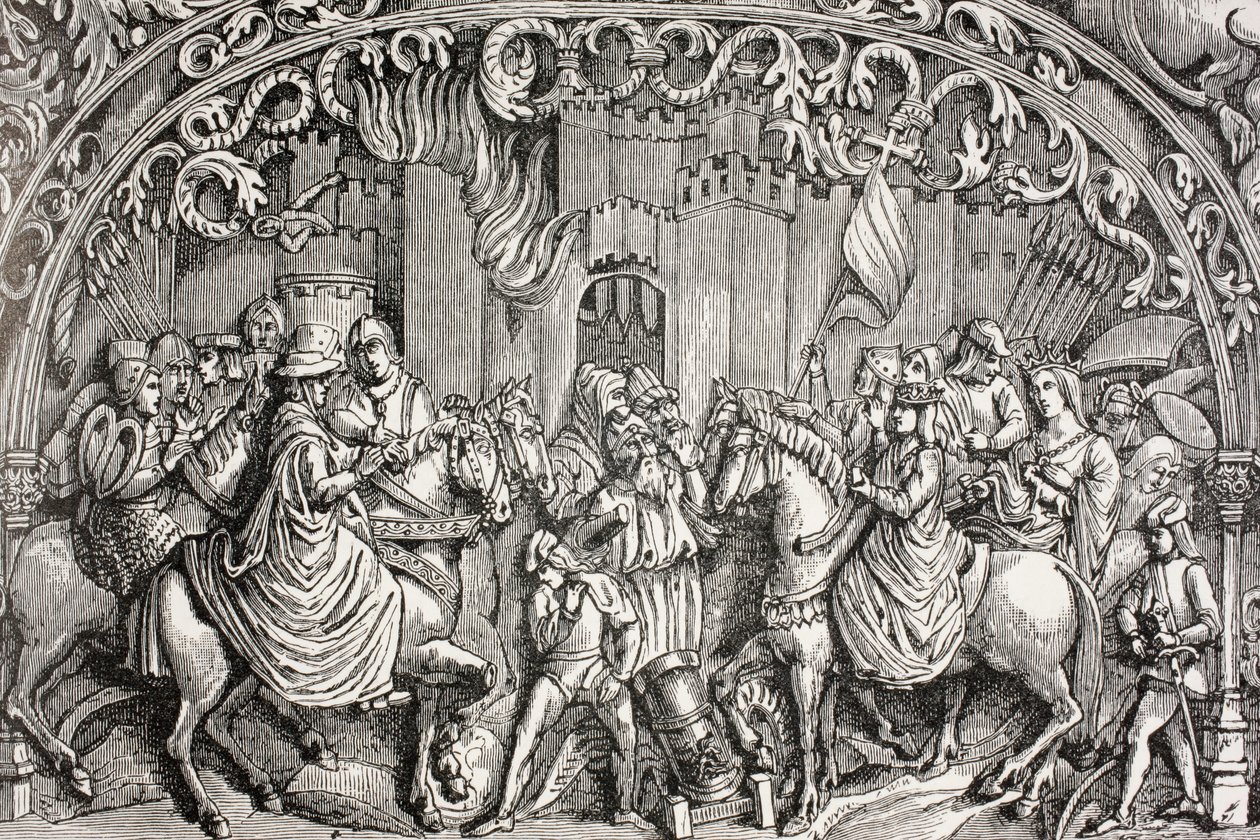 Montefrio feladása Granada közelében, Spanyolországban 1486-ban, Paul Lacroix „Katonai és vallási élet a középkorban” című művéből, London, 1880 körül. alkotó: French School