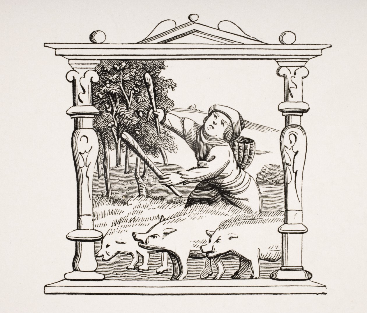 Disznópásztor disznócsordájával, szaporodás egy naptár után egy órakönyvben, Paul Lacroix (1806-84) „Le Moyen Age et La Renaissance” című művéből, 1847-ben megjelent alkotó: French School