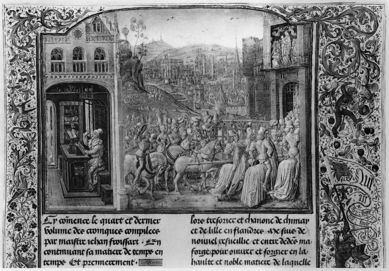 T.4 fol.1 L: Froissart krónikájának írása, R: Bajor Izabella (1371-1435) 1389-ben belép Párizsba, Froissart krónikájából, 1472 alkotó: French School