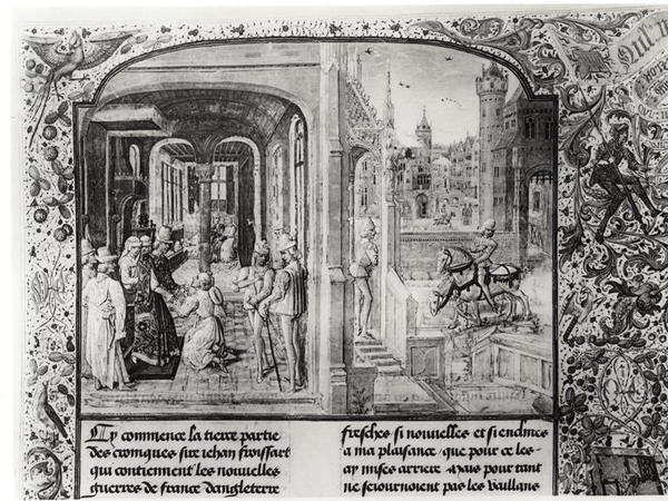 T.III fol.1 Froissartot Orthezben kapta Gaston de Foix gróf, akinek átadja Guy de Blois levelét a Froissarts Chronicle-tól alkotó: French School