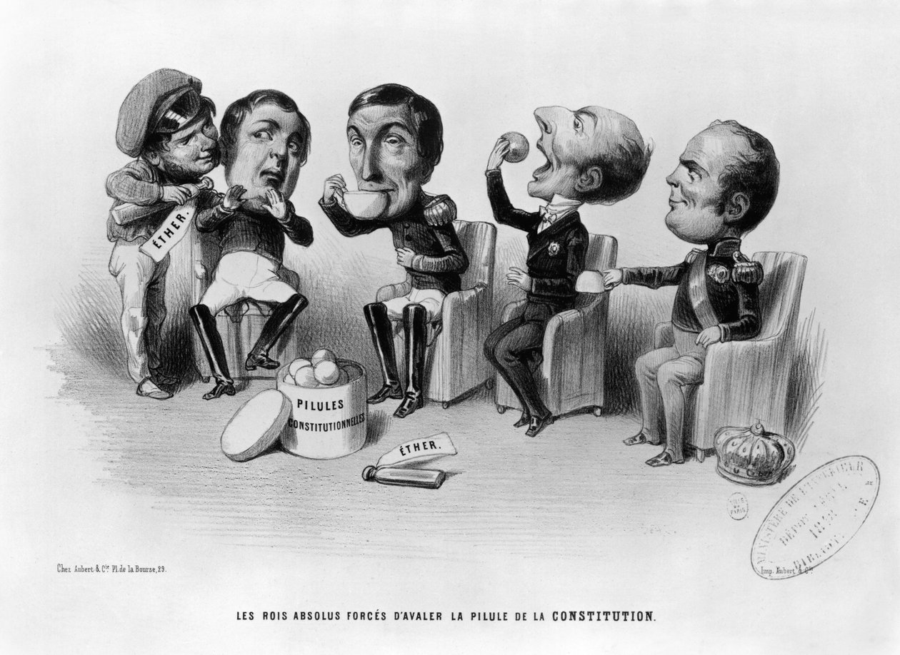 Az abszolút királyok, akik kénytelenek lenyelni az alkotmány piruláját, 1848 alkotó: French School