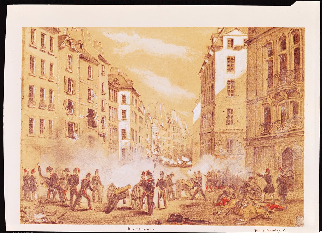 A hadsereg megtámad egy barikádot a Rue St. Antoine-on alkotó: French School