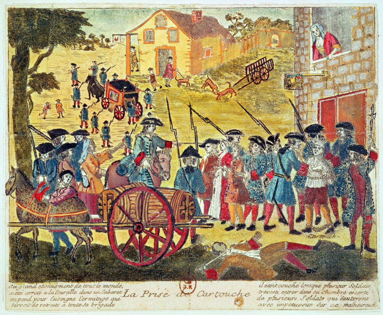 Louis Dominique Cartouche (1693-1721) letartóztatása (metszet és wc papíron) alkotó: French School