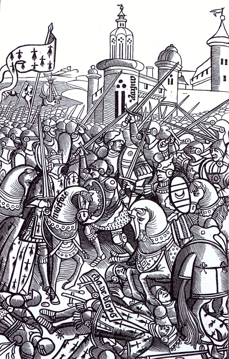 Az auray-i csata, Alain Bouchard "Chroniques de Bretagne" című művéből, kiadva 1514-ben. alkotó: French School
