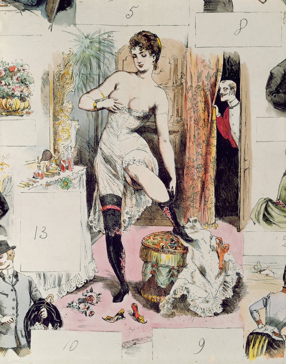 A fűző, illusztráció a La Vie Parisienne-ből, 1875 körül (színes metszet) alkotó: French School