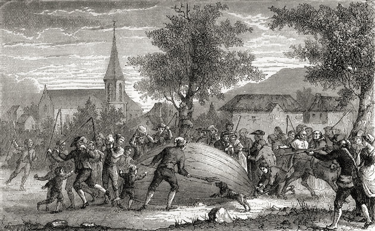 Charles ballonjának megsemmisítése, Párizs, 1783. augusztus 27., Fulgence Marion „Csodálatos léggömbemelkedések vagy az égbolt meghódítása” című művéből, 1870 körül. alkotó: French School