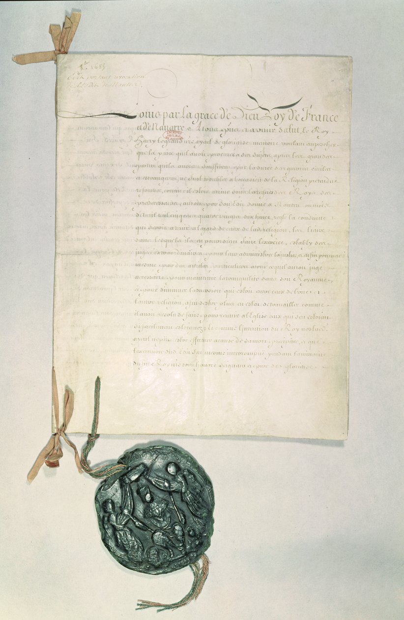 Fontainebleau-i ediktum, 1685. október 18. (toll és tinta papíron) alkotó: French School