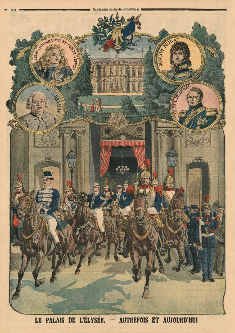 Az Elysee-palota, egykori és ma, hátlapi illusztráció a „Le Petit Journal”-ból, 1913. január 26. alkotó: French School