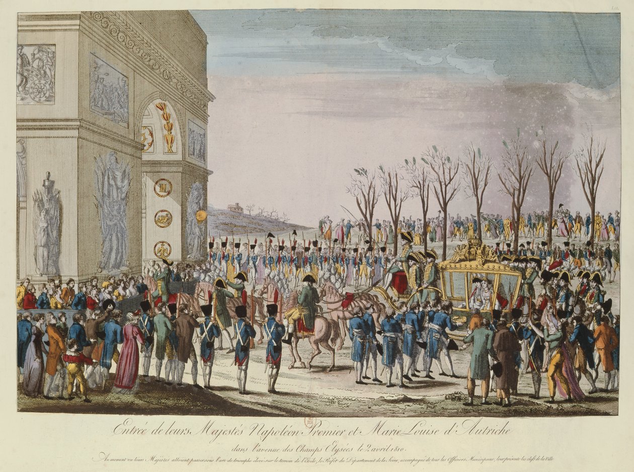 I. Napóleon császár (1769-1821) és Marie Louise osztrák császárné (1791-1847) bejárata a Champs-Elysees-re, 1810. április 2. alkotó: French School