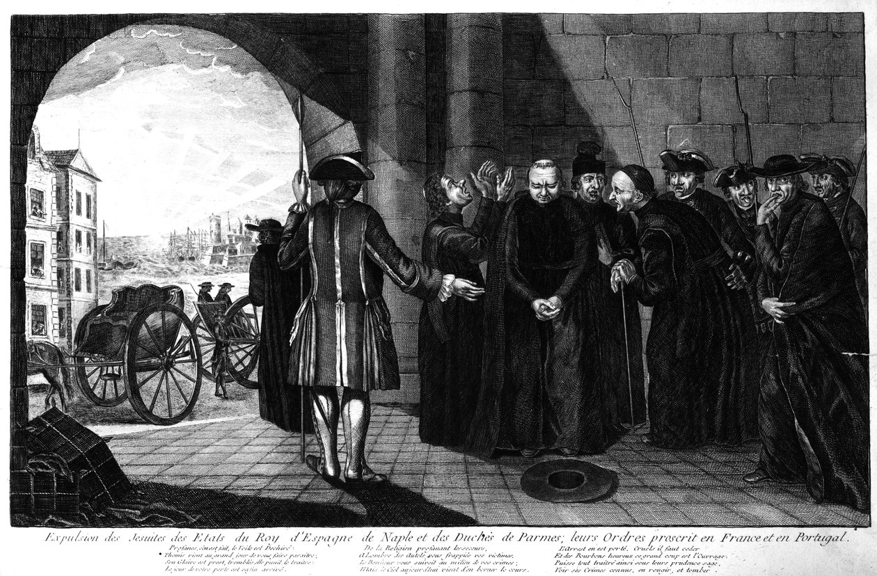 A jezsuiták kiűzése a spanyol és nápolyi királyságból, valamint a pármai hercegségből; Rendjeik betiltották Franciaországban és Portugáliában, az 1770-es évek körül alkotó: French School