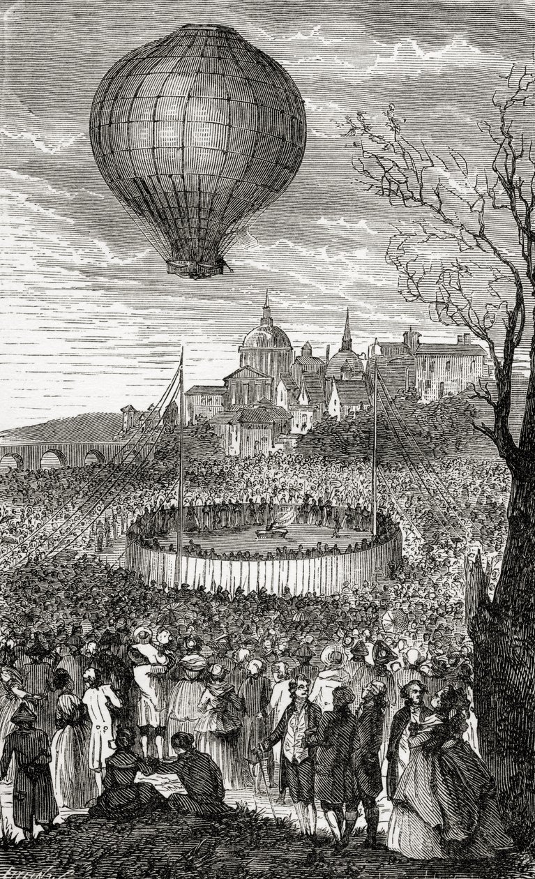 Az első légi utazás, Párizs, 1783. október 21., Fulgence Marion „Csodálatos léggömbemelkedések vagy az égbolt meghódítása” című művéből, 1870 körül. alkotó: French School