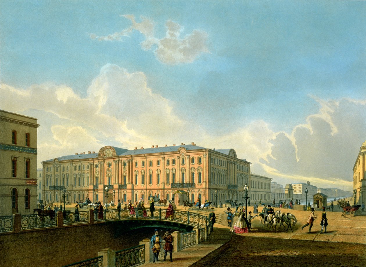 A Moyka rakpart és a rendőrségi híd Szentpéterváron, J. Jacottet és Regamey nyomtatása, Lemercier kiadó, Párizs, 1850-es évek alkotó: French School