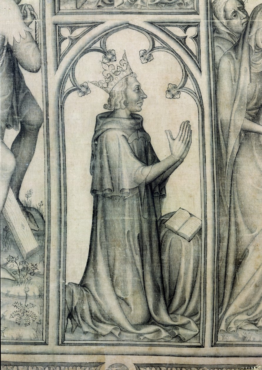 The Parement of Narbonne, V. Károly (1338-80) imádkozó részlete, 1375 körül (grisaille selyemen) (83469 részlet) alkotó: French School