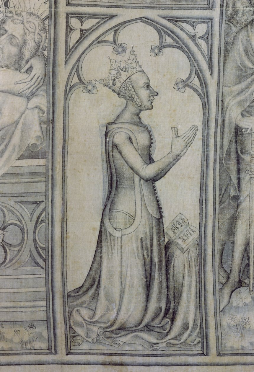 The Parement of Narbonne, Jeanne de Bourbon (1338-77) imádkozó részlete, 1375 körül (grisaille selyemen) (83469 részlet) alkotó: French School