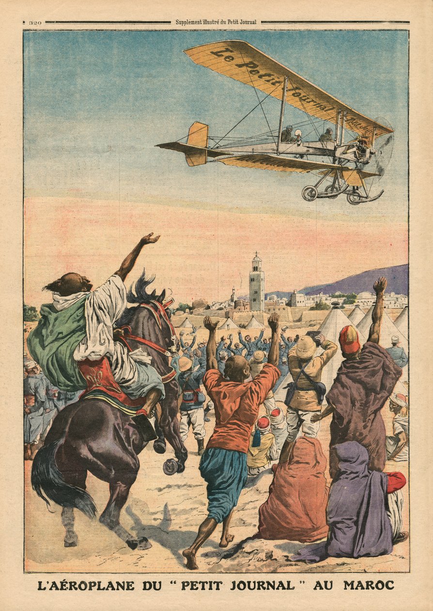 A „Petit Journal” repülőgép Marokkó felett repül, illusztráció a „Le Petit Journal” című folyóiratból, mellékelt illusztráció, 1911. október 1. alkotó: French School