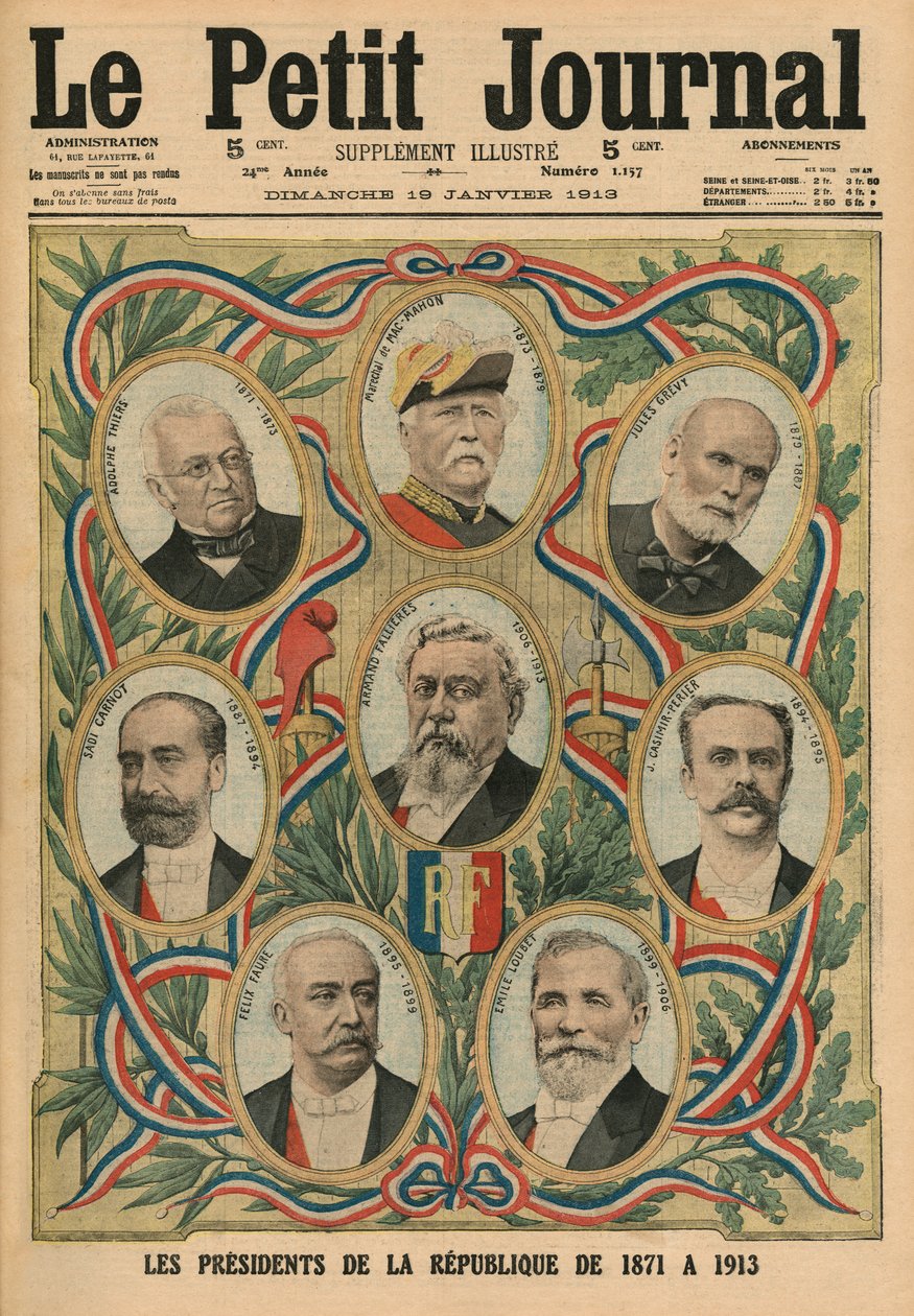 A Francia Köztársaság elnökei 1817-től 1913-ig, a „Le Petit Journal” címlapjának illusztrációja, illustre-melléklet, 1913. január 19. alkotó: French School