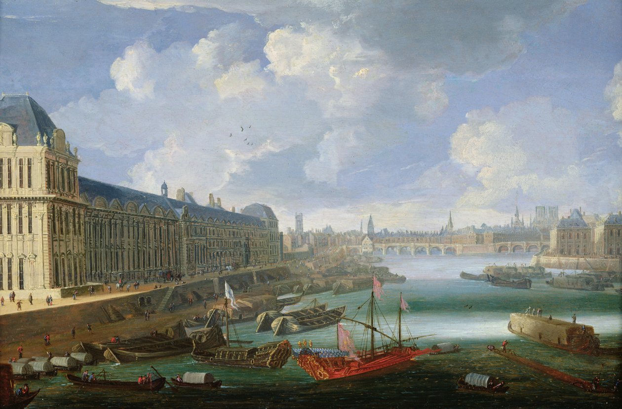 A Szajna a Pont-Neuf, a Louvre és a College Mazarin felé nézve, c. 1675 alkotó: French School