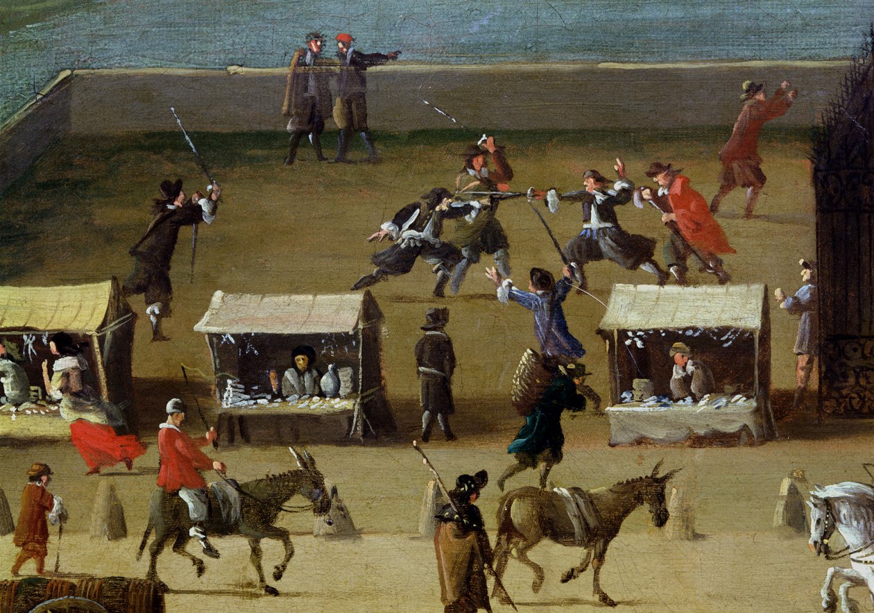 A Szajna, a Louvre és a College des Quatre-Nations a Pont-Neuf felől, a piaci standok és a férfiak párbaj részlete, 1665-70 alkotó: French School