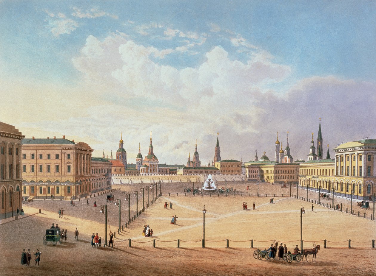 A moszkvai Színház tér, Jacottet és Bachelier nyomda, 1830-as évek (színes litográfia) alkotó: French School