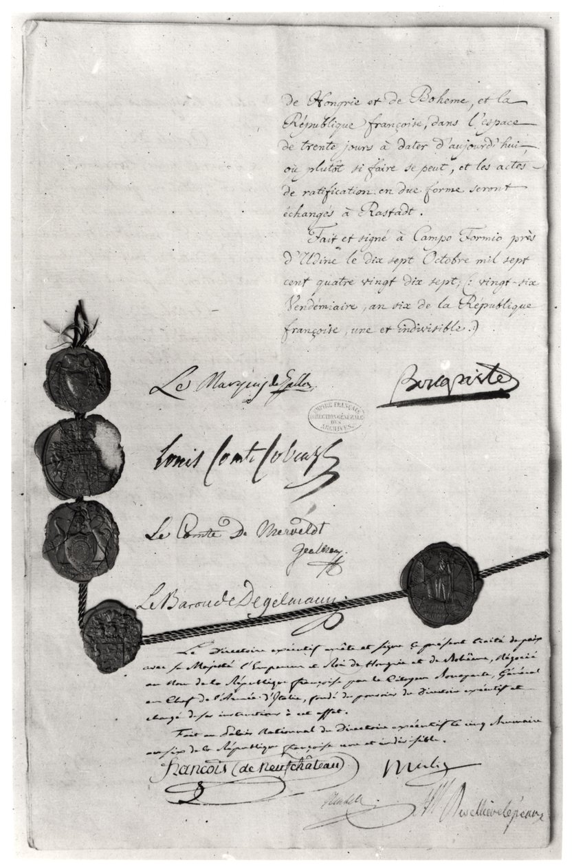A Campo Formiói Szerződés, amelyet Bonaparte Napóleon (1769-1821) írt alá 1797. október 17-én alkotó: French School