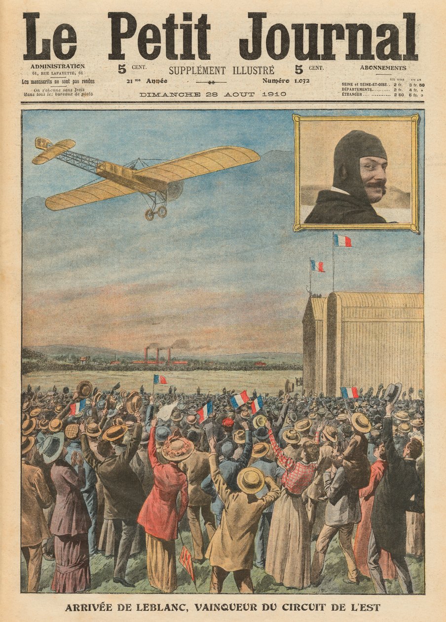 Alfred Leblanc repülős érkezése Issy-les-Moulineaux-ba, illusztráció a "Le Petit Journal" illusztrált mellékletéből, 1910. augusztus 28. alkotó: French School