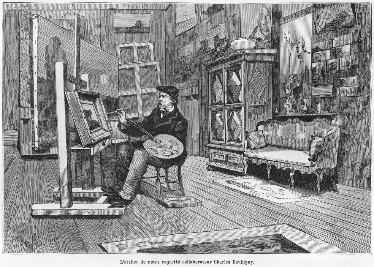 „Siratott munkatársunk, Charles Daubigny műterme”, illusztráció a „Le Monde Illustre”, 1092. szám, 1878. március 3. alkotó: French School