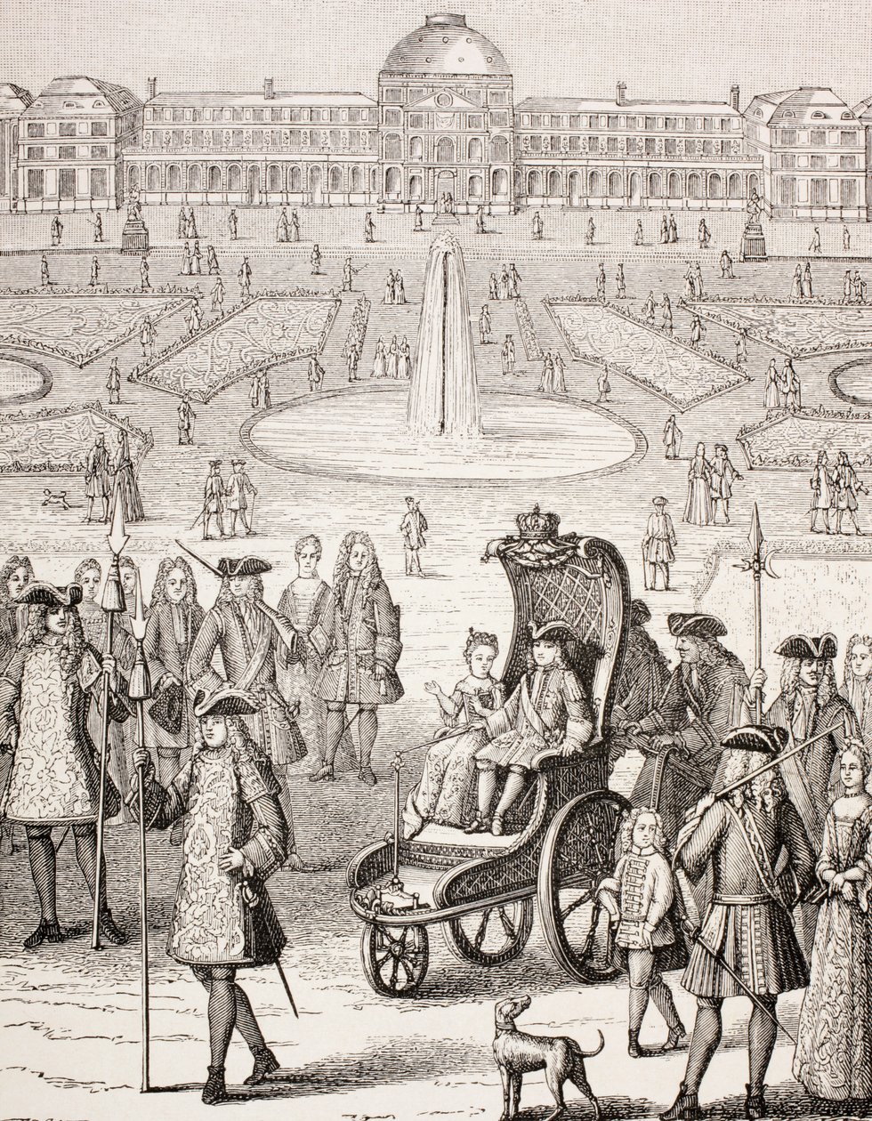 Az 1875-ben megjelent XV. Lajos fiatal király a párizsi Tuileries Gardensben kocsin sétál a „XVIII. Siecle Institutions, Usages et Costumes” c. alkotó: French School