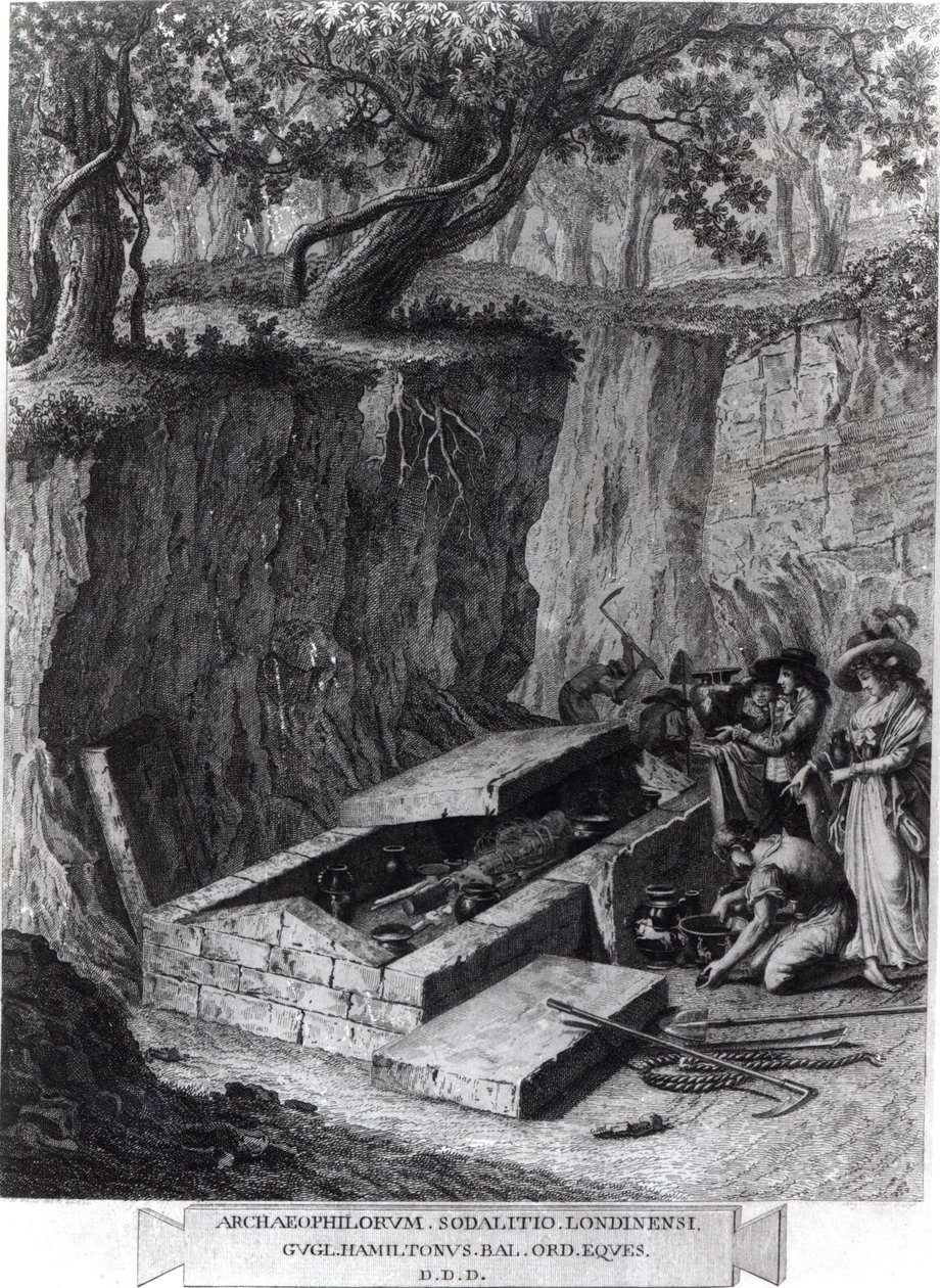 Turisták, akik egy ókori sír megnyitását nézik, 1766 körül alkotó: French School