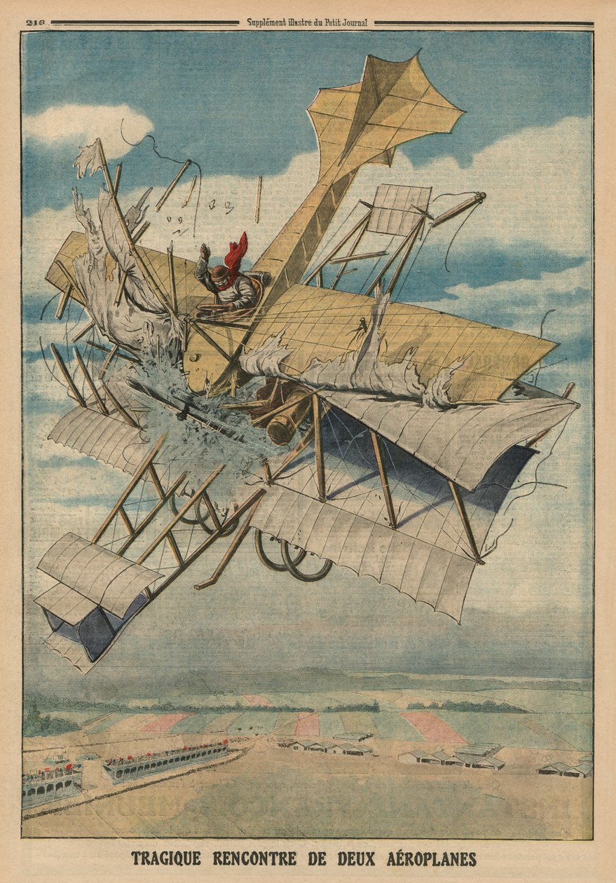 Két repülőgép tragikus ütközése, a „Le Petit Journal” hátsó borítójának illusztrációja, mellékillusztráció, 1913. július 6. alkotó: French School