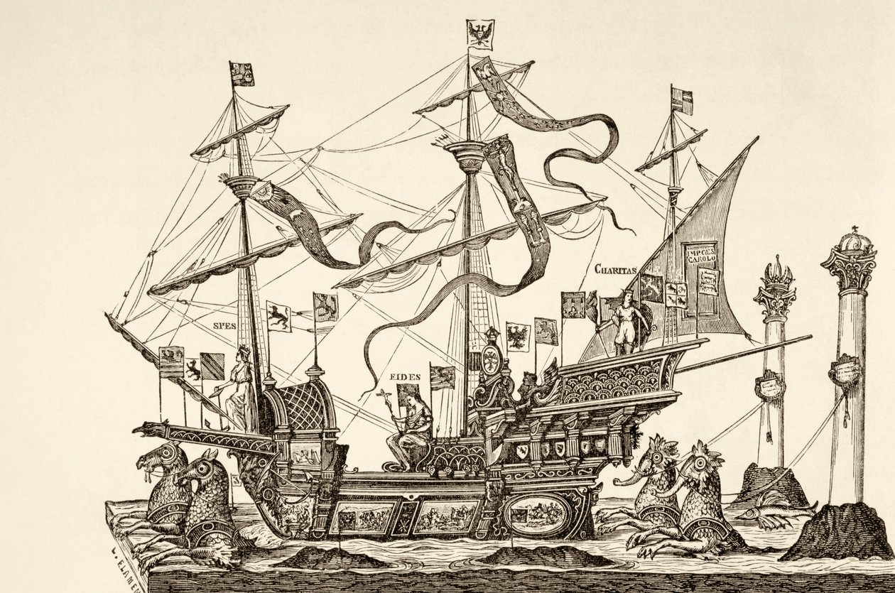 1558-ban Brüsszelben szekérre rajzolt diadaledény Paul Lacroix „Katonai és vallási élet a középkorban” című művéből, London, 1880 körül. alkotó: French School