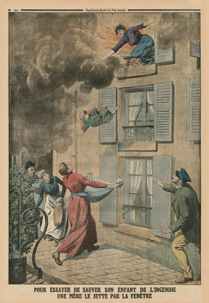 Egy anya megpróbálja megmenteni gyermekét a tűztől, és kidobja az ablakon, a hátsó borító illusztrációja a „Le Petit Journal”, melléklet illusztráció, 1913. március 9. alkotó: French School