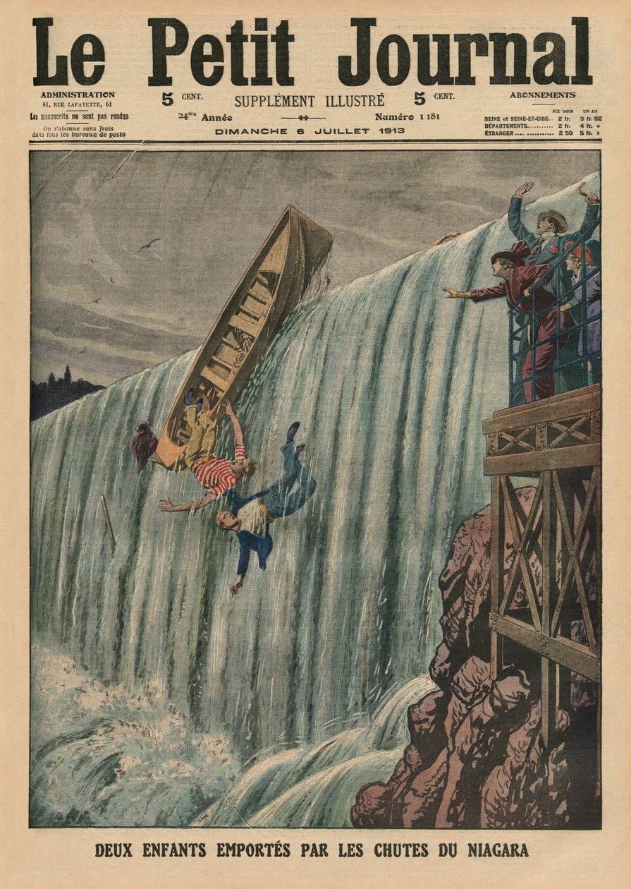 Két gyermeket vittek magukkal a Niagara-vízesés, a „Le Petit Journal” címlapjának illusztrációja, mellékelt illusztráció, 1913. július 6. alkotó: French School