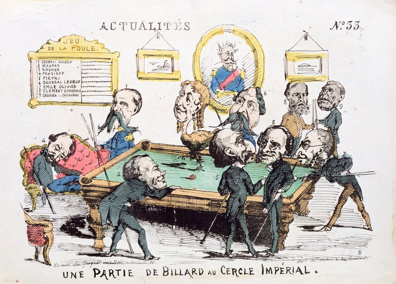 „Une Partie de Billard au Cercle Imperial”, karikatúra a Második Birodalom társadalmáról, az „Actualites” 33. száma, 1870 alkotó: French School
