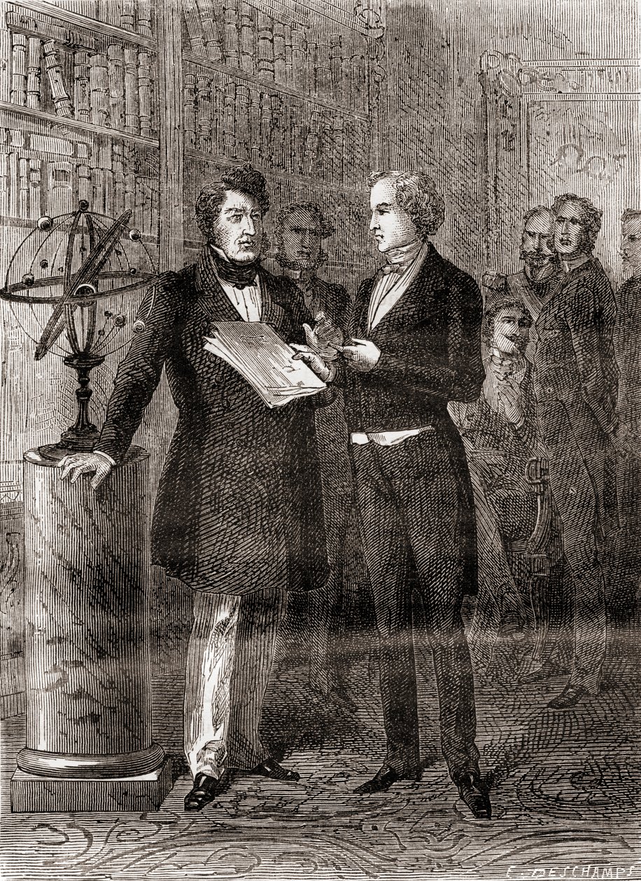 Urbain Jean Joseph Le Verrier, jobbra, Lajos Fülöp király fogadta, balra, a párizsi Tuileries-ben, miután 1846-ban felfedezte a Neptunusz bolygót a Les Merveilles de la Science kocsmából. alkotó: French School