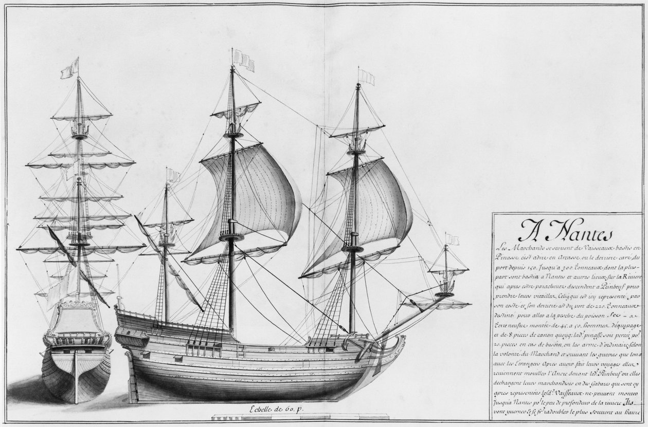 Hajók, Nantes, illusztráció a "Desseins des differentes manieres de ships ... from Nantes to Bayonne..." című könyvből, 1679 (ceruza és WC papíron) alkotó: French School