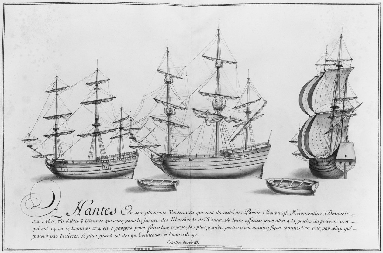 Hajók, Nantes, illusztráció a „Desseins des differentes manieres de ships ... from Nantes to Bayonne...” című könyvből, 1679 (ceruza és WC papíron) (bw paper) alkotó: French School