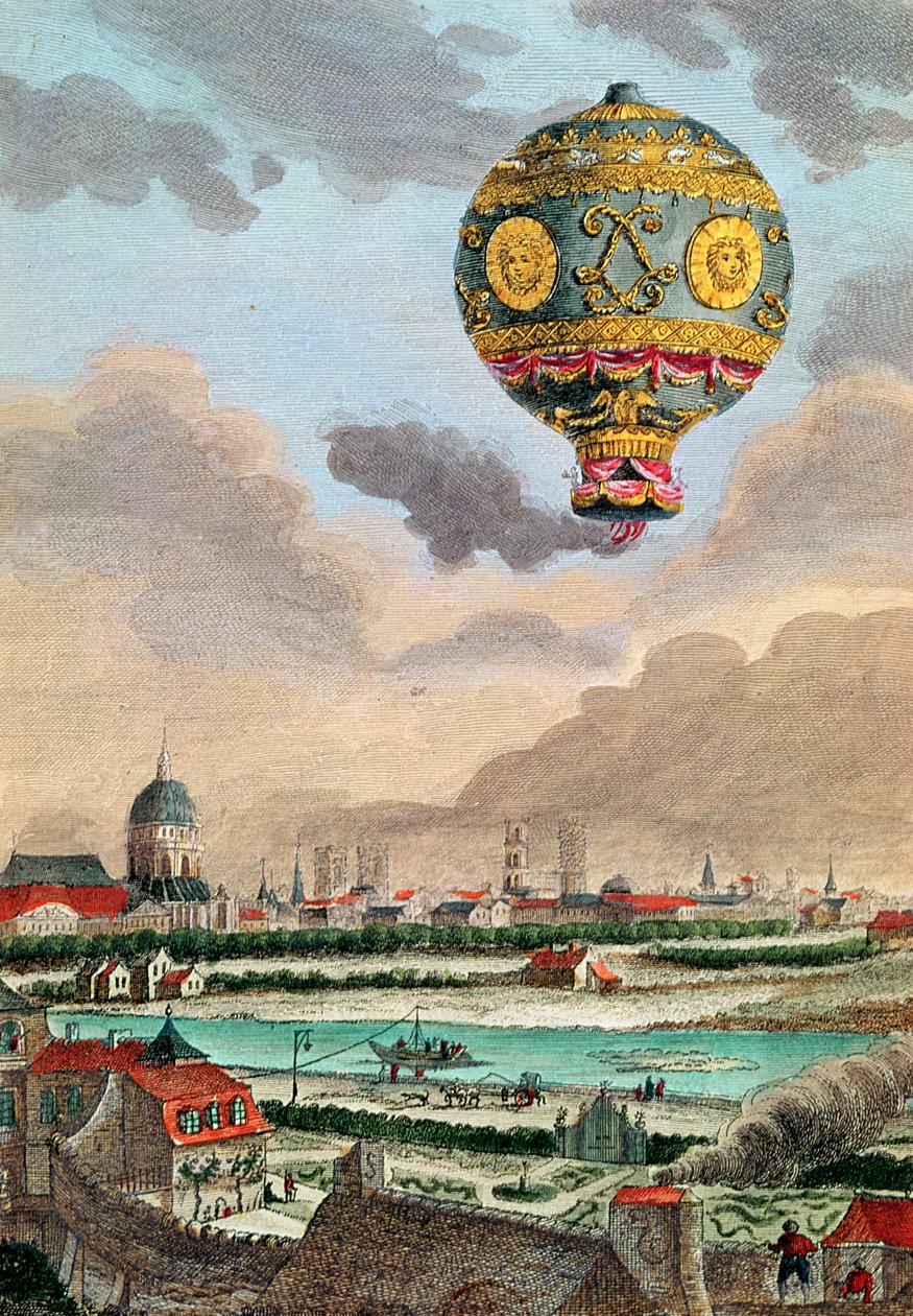 Kilátás Monsieur Franklin Passy-i teraszáról az első repülésre Monsieur de Montgolfier irányítása alatt, 1783. november 21. alkotó: French School