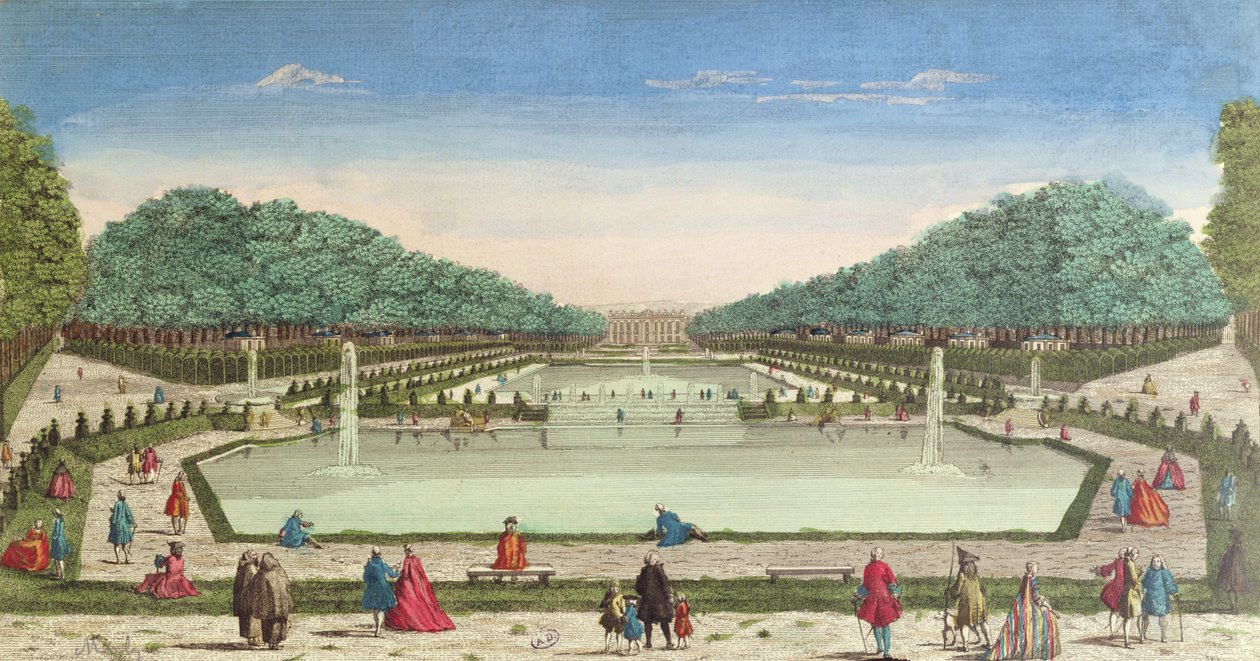 Kilátás a kertekre és a Marly kastélyra (színes metszet) alkotó: French School
