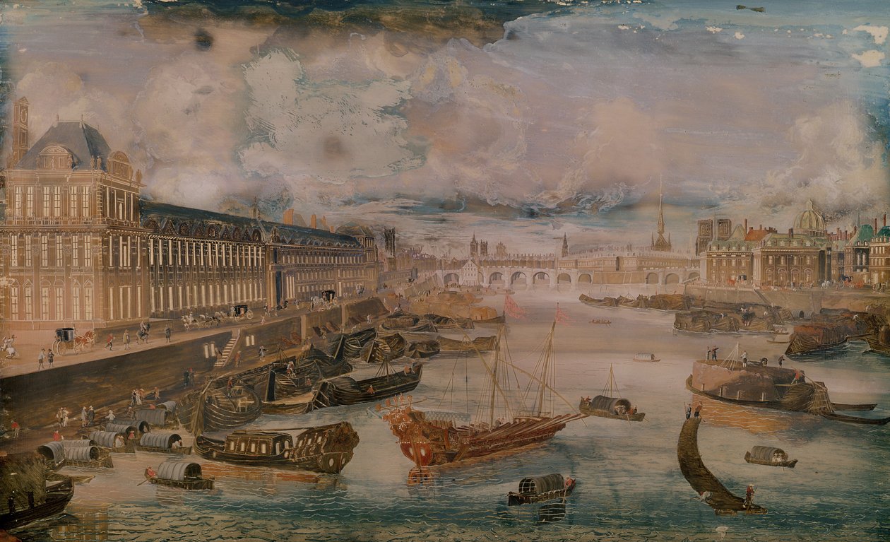 Kilátás a Szajnára, a Louvre-i Grande Galerie-re és a College des Quatre Nations-re, 1680 körül alkotó: French School