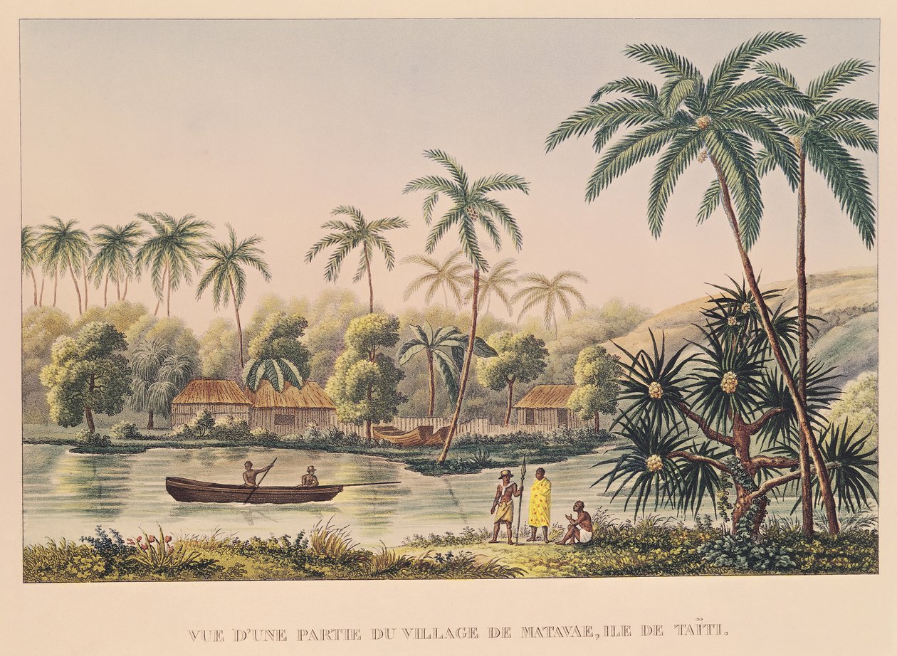 Matavae falu, Tahiti, illusztráció Louis Isodore Duperrey hadnagy "Voyage autour du Monde sur la Corvette Coquille" című művéből. alkotó: French School