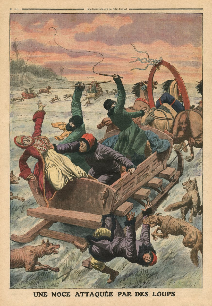 Farkasok által megtámadt esküvői társaság, illusztráció a "Le Petit Journal"-ból, 1911. március 19. alkotó: French School