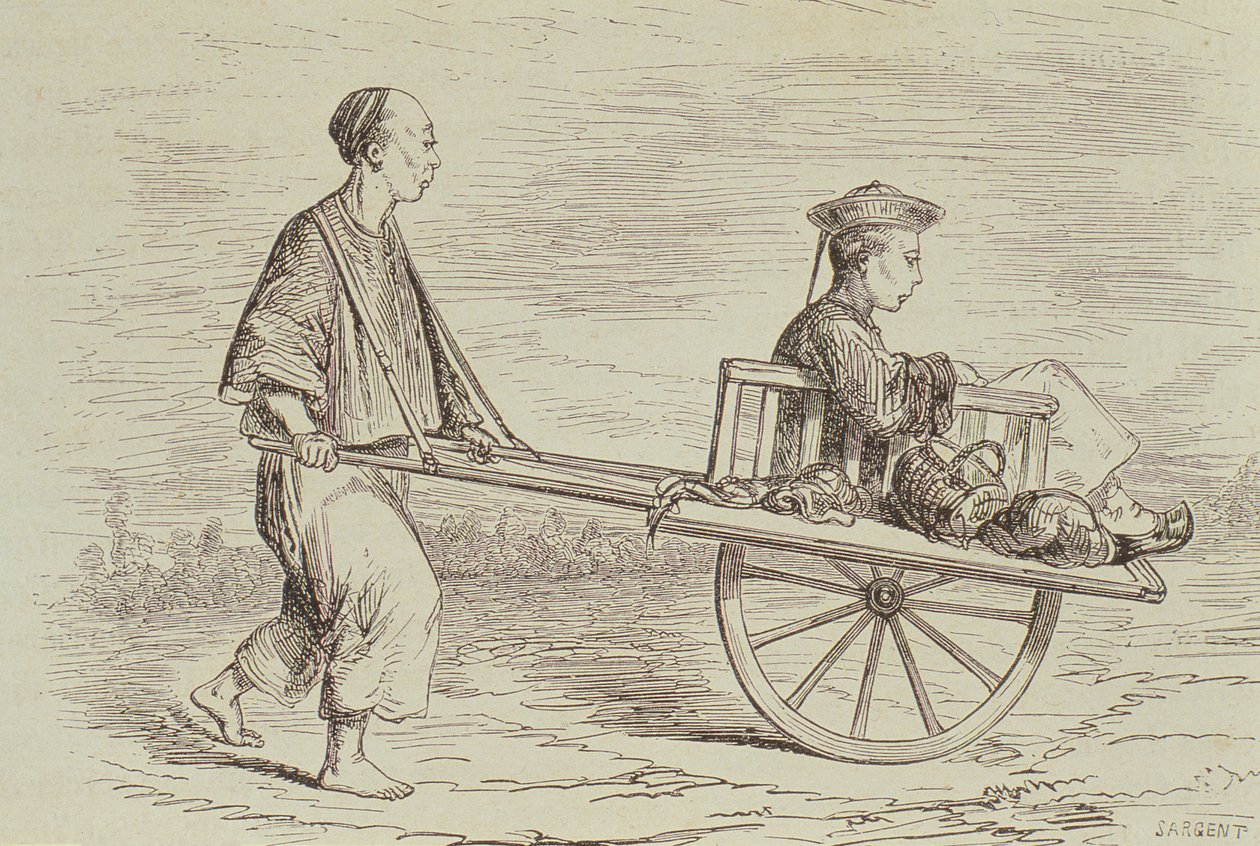 Talicskás taxi az 1850-es években, Kína, metszett Alfred Louis Sargent (sz. 1828) a „Le Tour du Monde”-ból, Párizsban, 1860-as években alkotó: French School