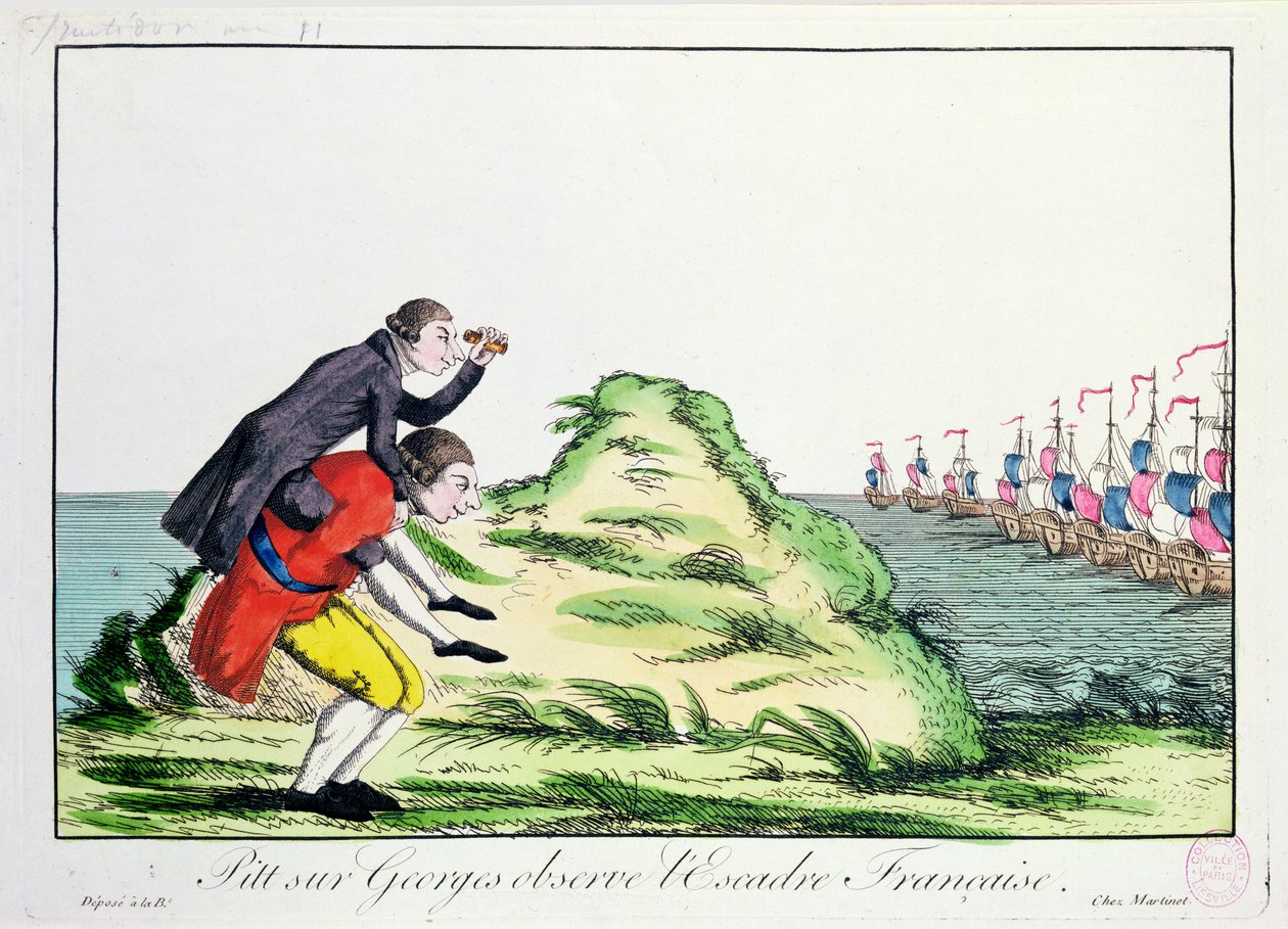 Az ifjabb William Pitt (1759-1806) III. György hátán lovagol (1738-1820) A francia osztag megfigyelése, 1803 alkotó: French School