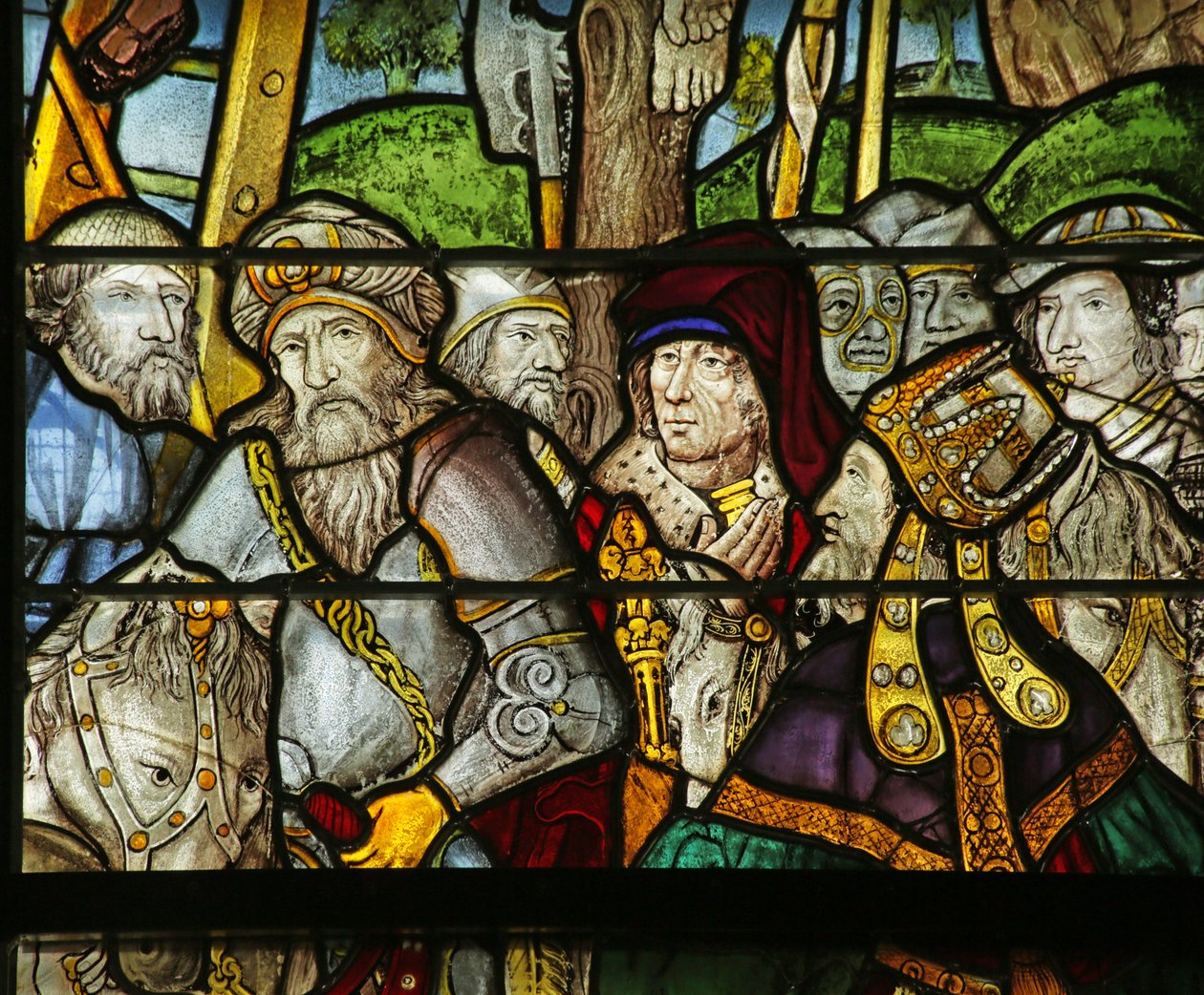 Katonákat, papokat, nemeseket ábrázoló ablak a keresztrefeszítéskor, 2921604 részlet, 1500-10 alkotó: French School