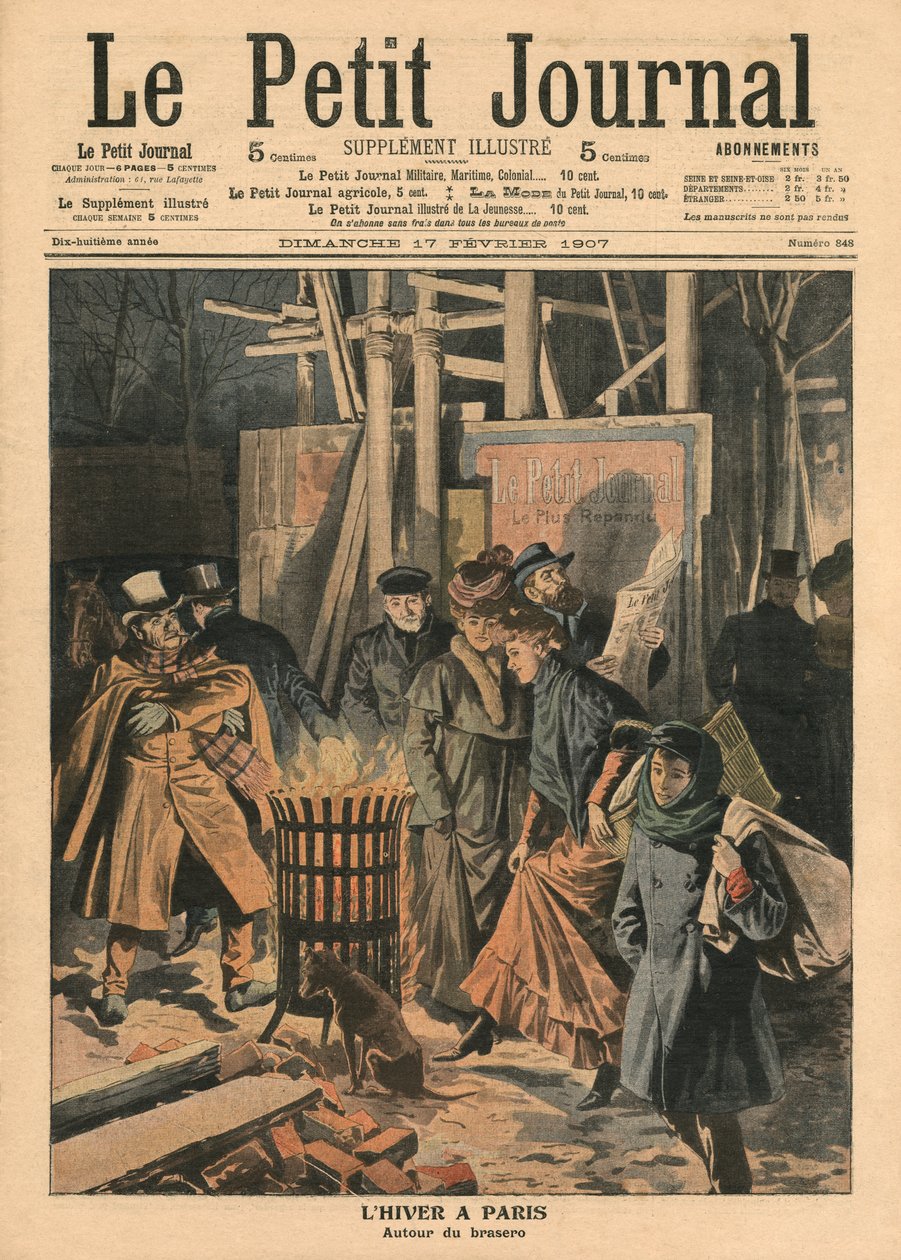 Tél Párizsban, a kályha körül, illusztráció a „Le Petit Journal”-ból, mellékelt illusztráció, 1907. február 17. (színes litó) alkotó: French School