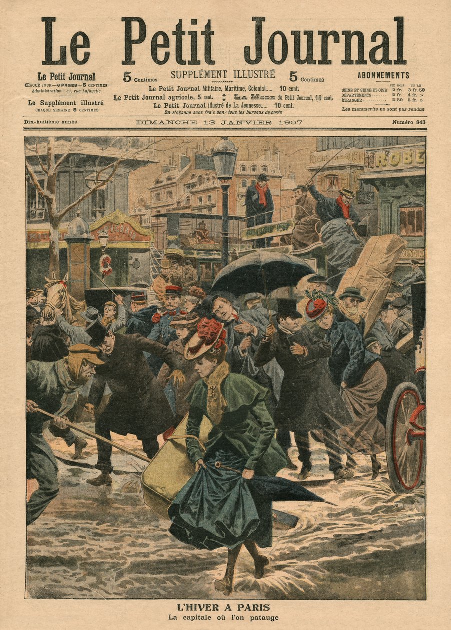 Tél Párizsban, séta a sárban, illusztráció a „Le Petit Journal”-ból, mellékelt illusztráció, 1907. január 13. alkotó: French School